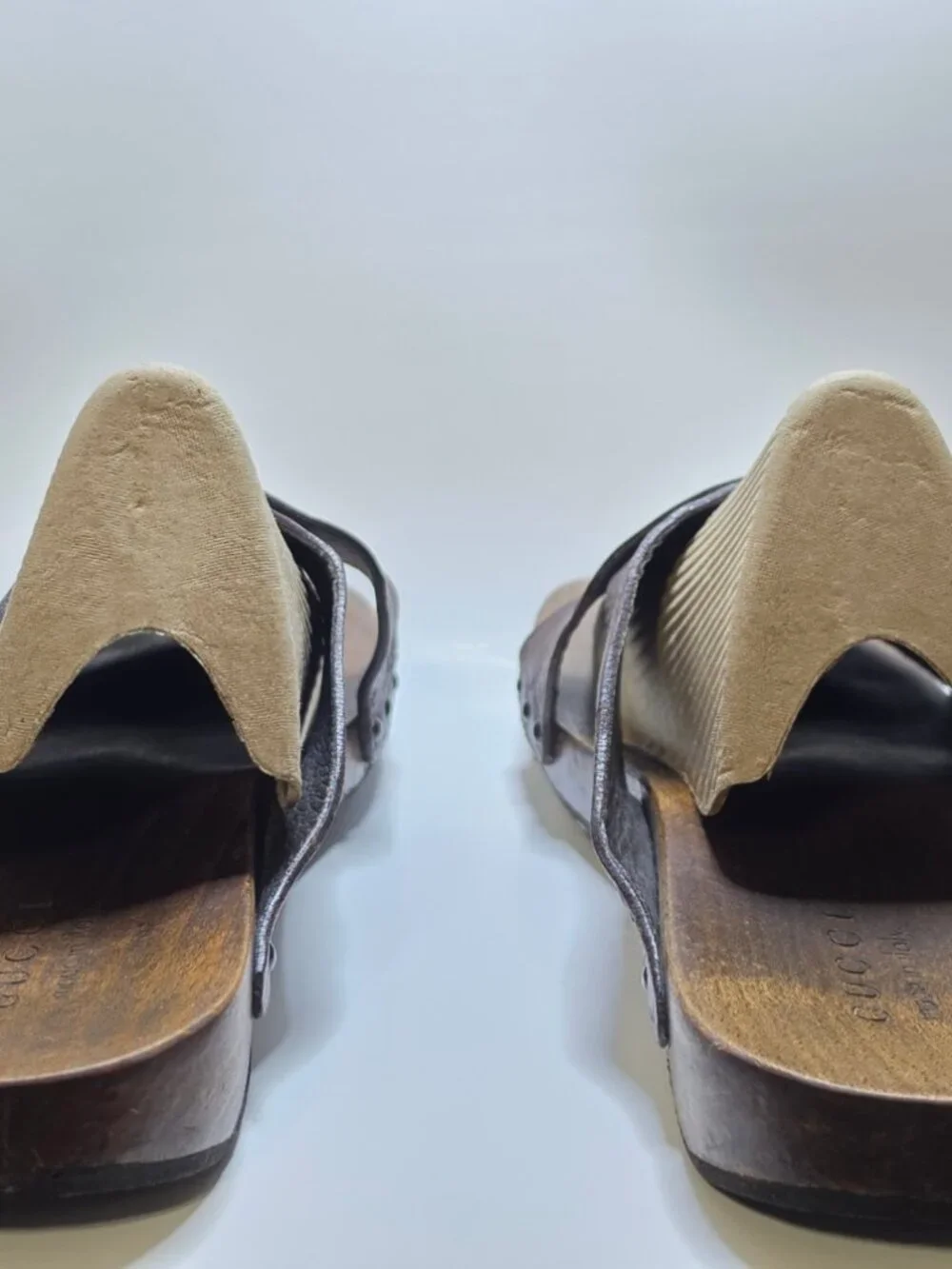 Gucci Guccissima Leather GG Monogram Wooden Cross Over Slide Sandals Sz. 9.5 USA